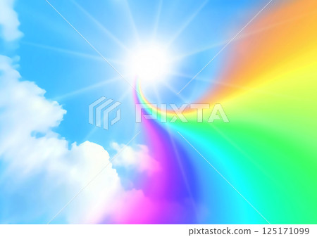 3d illustration background of a rainbow in a blue sky with clouds and the sun 125171099