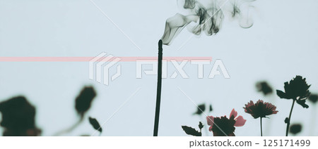 Collage showcases a close-up of a burning incense stick with smoke rising above flowers. 125171499