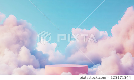 Dreamy abstract background with podium amidst soft fluffy clouds under blue sky. 125171544