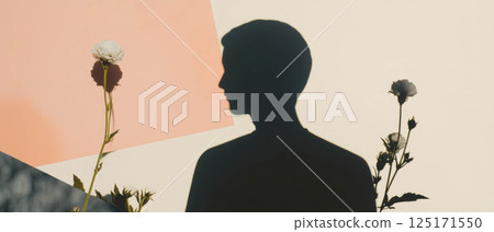 Minimalist collage features geometric shapes and flowers with a striking shadow from a low angle. 125171550
