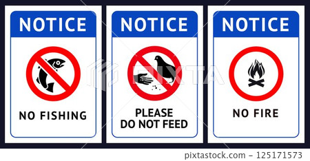 Labels No fire, No fishing, Do not feed birds 125171573