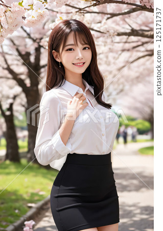 A woman in a black tight skirt enjoying cherry blossom viewing 125171737