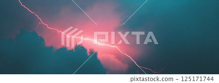 Bright red lightnings flash across dark clouds during a dramatic evening sky. 125171744