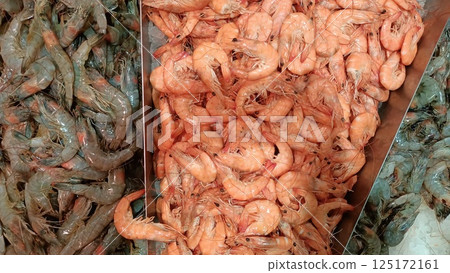Explore our Fresh Shrimp Collection, a delightful showcase at our Seafood Market Display 125172161