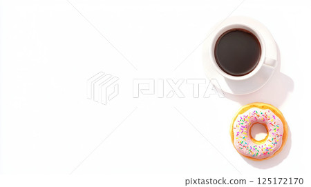 Realistic donut with rainbow sprinkles and coffee on white background for breakfast theme. Realistic donut with rainbow sprinkles and coffee on white background for breakfast theme. 125172170