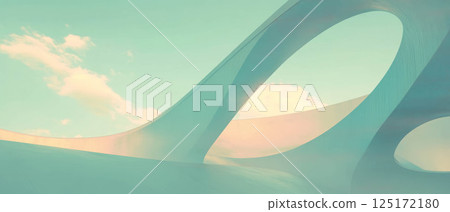 Futuristic structures showcase unique geometric forms and textures against a serene sky backdrop. 125172180