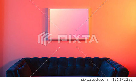 Modern interior design with white frame and dark blue velvet sofa in vibrant setting. 125172253