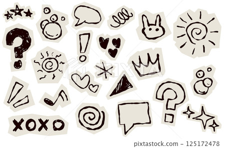 Scrapbook doodle set. Collection of sketch handdrawn scribble heart, star, mark, sign for journal. Chalk or ink craft paper cutout for scrapbook dairy Scrapbook doodle set. Collection of sketch handdrawn scribble heart, star, mark, sign for journal. Chalk or ink craft paper cutout for scrapbook dairy 125172478
