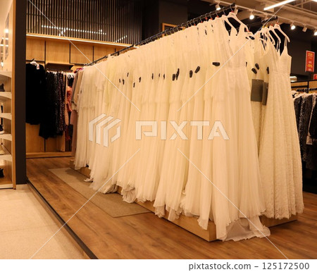 A Beautifully Arranged Rack of Elegant White Dresses in a Fashion Boutique Store Setting 125172500