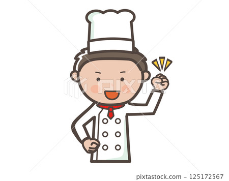 Upper body illustration of a motivated young male chef with a fist pump 125172567