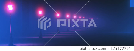 A deserted street at night features flickering streetlights casting shadows in the darkness. 125172795