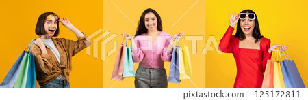 Three joyful individuals show off their colorful shopping bags against a bright yellow backdrop. The atmosphere radiates excitement as they celebrate great offers during a shopping event. 125172811