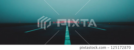 Runway stretches ahead, disappearing into thick fog, with blurred lines and gentle illumination. 125172870