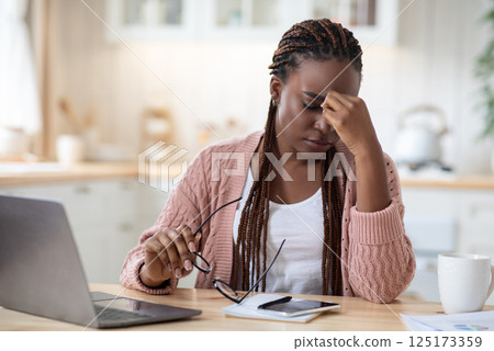 Eyes Strain. Overworked Black Freelancer Woman Tired After Using Laptop In Kitchen While Working Remotely On Computer At Home Office, Upset African American Lady Rubbing Nose Bridge, Free Space 125173359