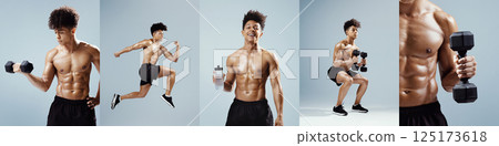 A fit young man showcases his strength through different exercises, including lifting weights, jumping, and squatting, highlighting his toned physique and dedication to fitness. 125173618