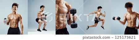 A young man in athletic shorts showcases various strength training exercises with dumbbells, highlighting a fit physique while performing squats and lunges in a studio environment. A young man in athletic shorts showcases various strength training exercises with dumbbells, highlighting a fit physique while performing squats and lunges in a studio environment. 125173621