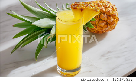 Refreshing pineapple juice served in a tall glass garnished with a slice of pineapple 125173832