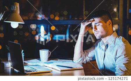 Headache. Tired Manager Man At Laptop Touching Forehead Working Late At Night In Modern Office. Copy Space 125174271