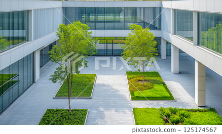 Beautiful green garden outside the office building 125174567