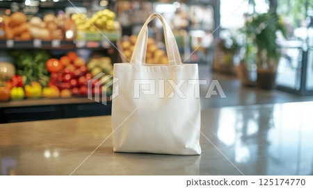 Eco-friendly reusable tote bag in modern grocery store setting. Eco-friendly fabric bag on the beach Eco-friendly reusable tote bag in modern grocery store setting. Eco-friendly fabric bag on the beach 125174770