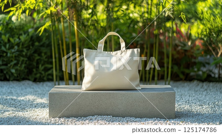 Eco-friendly tote bag in tranquil garden setting for sustainable lifestyle inspiration. Eco-friendly fabric bag on the beach 125174786