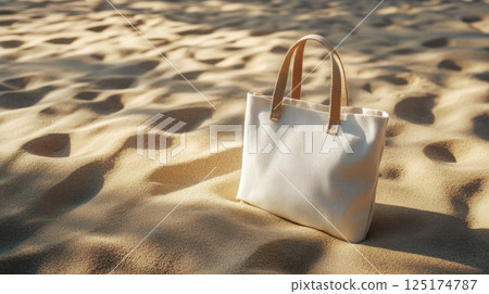 Elegant canvas tote bag on sunlit beach sand, ideal for summer vacations and fashion. Eco-friendly fabric bag on the beach 125174787