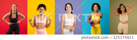 Five women in vibrant activewear showcase various workout poses against bright backgrounds. They're smiling and exuding energy, promoting fitness and wellness. 125174821