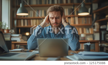 Businessman experiencing stress and exhaustion in a cluttered office 125175086