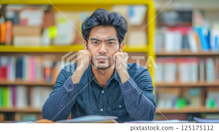 Businessman feeling stressed and exhausted while working at his desk in a library during the day 125175112