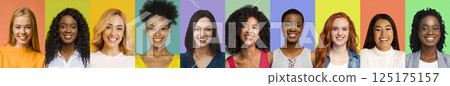 Collage of young multiethnic happy women over colorful backgrounds, panorama, international beauty community 125175157