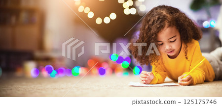 Winter tradition. Thoughtful african little girl writing letter to Santa near Xmas tree 125175746