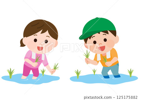 男孩和女孩體驗插入水稻插畫 男孩和女孩體驗插入水稻插畫 125175882