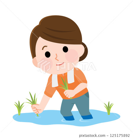一位婦女體驗水稻種植的插圖 125175892