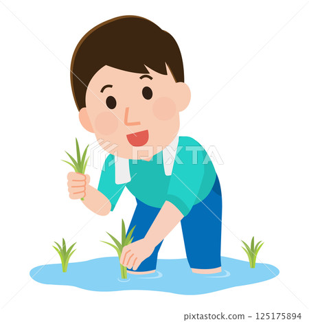 一位年輕人體驗水稻種植的插圖 125175894
