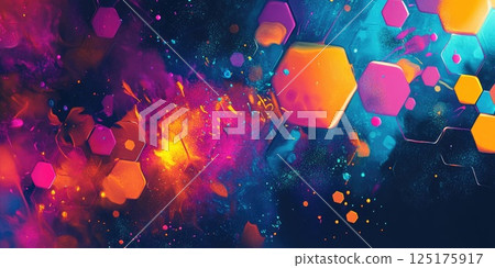 Vibrant abstract background with hexagonal patterns and energetic paint splashes Vibrant abstract background with hexagonal patterns and energetic paint splashes 125175917