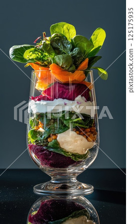 Deconstructed salad layers with vibrant beet, lentils, and yogurt foam in a glass Deconstructed salad layers with vibrant beet, lentils, and yogurt foam in a glass 125175935