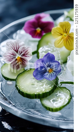 Edible flowers and cucumber ribbons elegantly presented on ice in a translucent dish 125175939