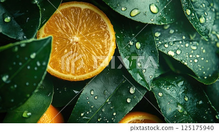 Vibrant leafy greens paired with citrus slices showcasing detailed textures and freshness Vibrant leafy greens paired with citrus slices showcasing detailed textures and freshness 125175940