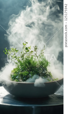 Next-gen greens and seaweed hybrid in a misty futuristic bowl showcasing experimental fine dining 125175942