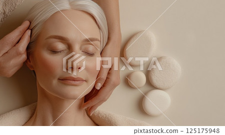 Senior woman enjoying a facial massage in a serene spa environment with soft lighting 125175948