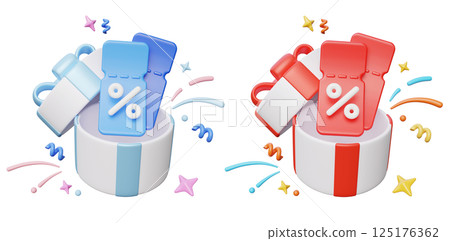 Discount label popping out of open box 3D graphic 125176362