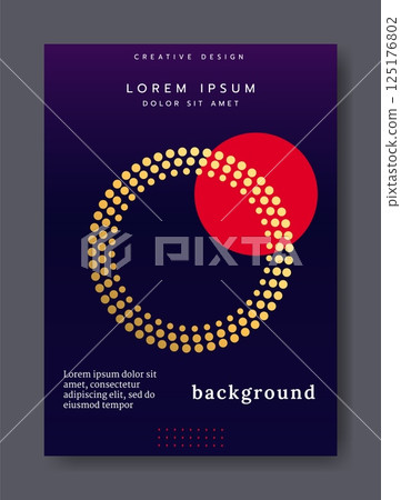 Abstract poster. Geometric circle with gold dots pattern. Contemporary art brochure. Graphic round flat shape. Creative graphic background Modern color flyer. Book cover. Vector banner design template 125176802