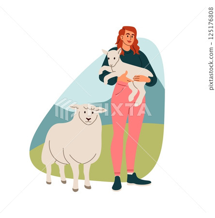 Livestock farm. Agriculture worker with sheep. Farmer care of lamb. Village nature. Domestic animals grazing at meadow. Rural ranch. Wool mammal. Woman farmer at farmyard. Vector husbandry concept 125176808