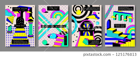 Abstract banners. Psychedelic cards. Crazy universe. Geometric shapes. Bright ball sphere. Stairs and column. Checkered grid. Ladder and door arch to infinity. Chaos space. Vector surreal posters set 125176813