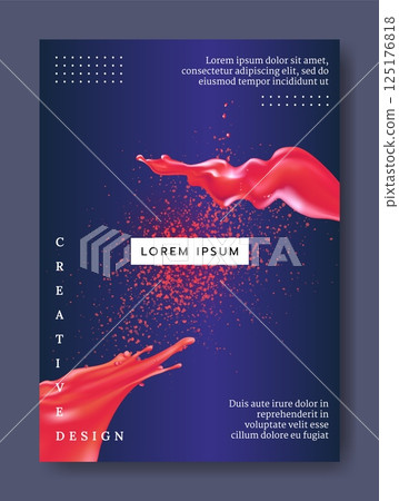 Abstract poster. Red liquid splash. 3D blood drops. Fluid droplets flow. Paint splatters wave. Stream motion. Book cover. Modern color flyer. Creative graphic brochure. Vector banner design template 125176818