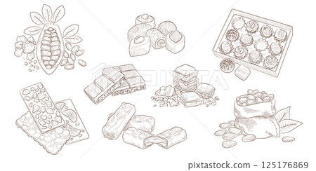 Chocolate bar sketch. Hand drawn dark bean. Cocoa for coffee. Vintage organic dessert. Choco piece. Engraved confectionery. Glazed candy. Sweet food. Harvest bag. Retro outline illustration vector set Chocolate bar sketch. Hand drawn dark bean. Cocoa for coffee. Vintage organic dessert. Choco piece. Engraved confectionery. Glazed candy. Sweet food. Harvest bag. Retro outline illustration vector set 125176869