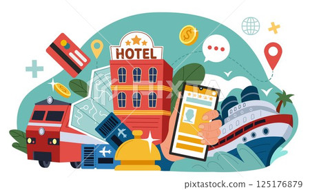 Tourism travel. Vacation hotel. Flight reservation. Trip ticket booking. Business guide map. Online app service. Yacht cruise. Hostel bell. Summer journey. Tour route. Mobile phone. Vector concept Tourism travel. Vacation hotel. Flight reservation. Trip ticket booking. Business guide map. Online app service. Yacht cruise. Hostel bell. Summer journey. Tour route. Mobile phone. Vector concept 125176879