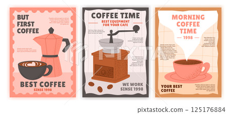 Coffee. Hot drink cafe poster. Tasty morning. Restaurant food menu with espresso, latte, full aroma hot liquid in mug, caffeine. Grinder and geyser coffee maker. Vector graphic garish flyer template Coffee. Hot drink cafe poster. Tasty morning. Restaurant food menu with espresso, latte, full aroma hot liquid in mug, caffeine. Grinder and geyser coffee maker. Vector graphic garish flyer template 125176884