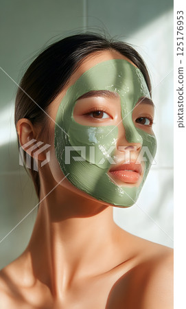 Green clay face mask skincare beauty portrait 125176953