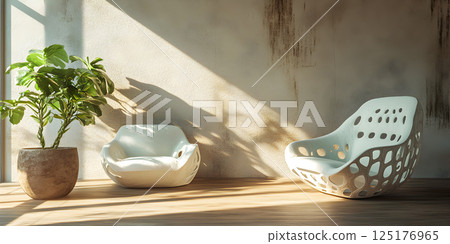 Modern chairs and plant in sunlight interior Modern chairs and plant in sunlight interior 125176965